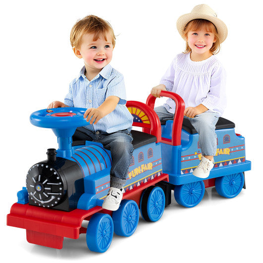 6V Ride on Train 2-Seater with Carriage and Flashing LED Lights-Blue