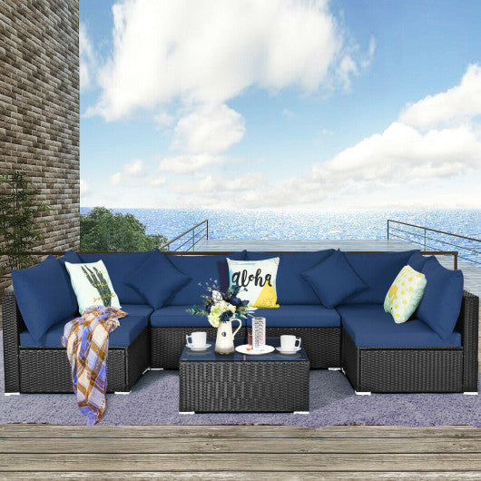 7-Piece Outdoor Sectional Wicker Patio Sofa Set with Tempered Glass Top-Navy
