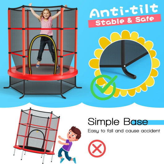 55 Inch Kids Recreational Trampoline Bouncing Jumping Mat with Enclosure Net-Red