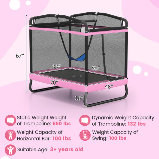 6 FT Kids Trampoline with Swing and Horizontal Bar Small Rectangle Trampoline-Pink