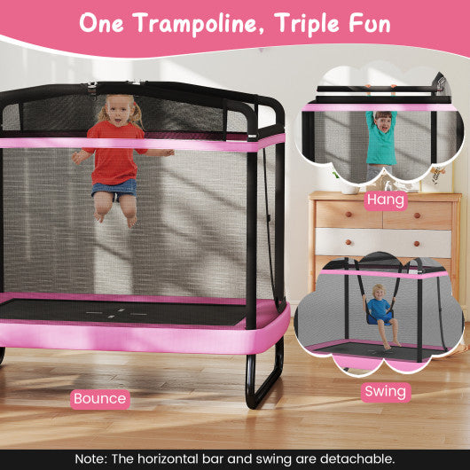 6 FT Kids Trampoline with Swing and Horizontal Bar Small Rectangle Trampoline-Pink