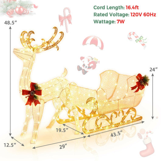 6 Feet Christmas Lighted Reindeer and Santa's Sleigh Decoration with 4 Stakes-Golden