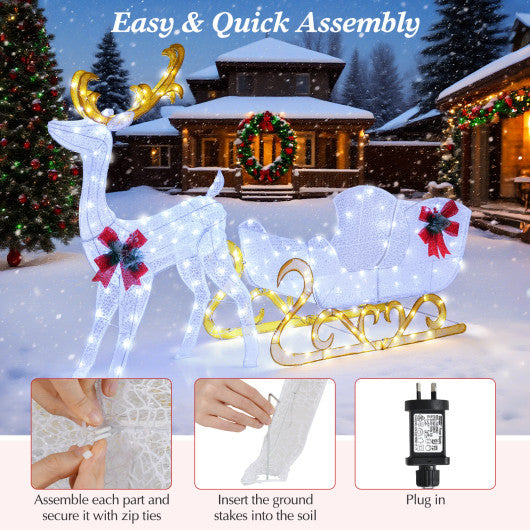 6 Feet Christmas Lighted Reindeer and Santa's Sleigh Decoration with 4 Stakes-White