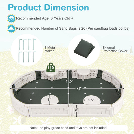 6 Feet Kids Oval Sandbox with Built-in Corner Seat and Bottom Liner-White