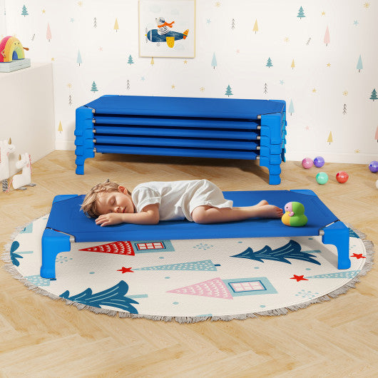 Portable 6 Pack Stackable Daycare Cots Sleeping Bed for Kids 53 Inch-Blue