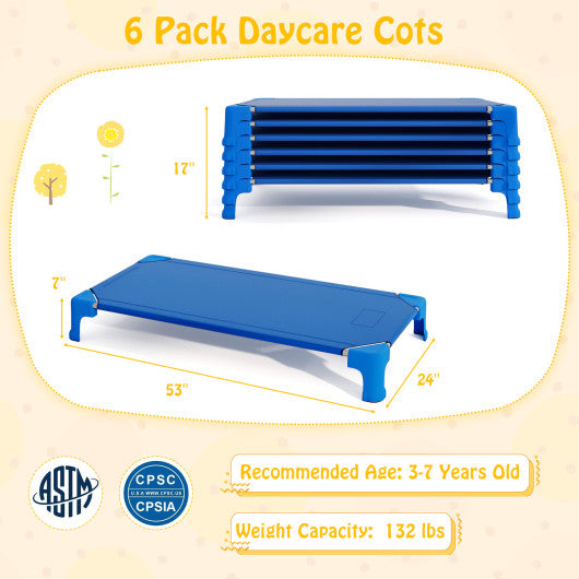 Portable 6 Pack Stackable Daycare Cots Sleeping Bed for Kids 53 Inch-Blue