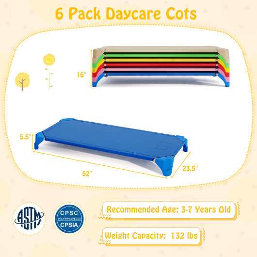 Portable 6 Pack Stackable Daycare Cots Sleeping Bed for Kids 52 Inch-Multicolor