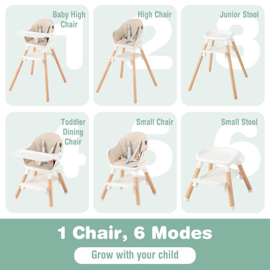 6 in 1 Convertible Highchair with Safety Harness and Removable Tray-Beige