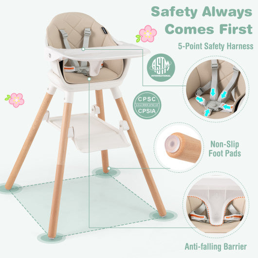 6 in 1 Convertible Highchair with Safety Harness and Removable Tray-Beige