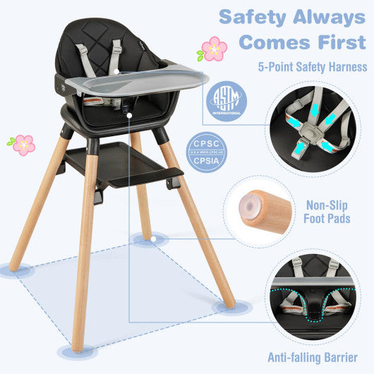 6 in 1 Convertible Highchair with Safety Harness and Removable Tray-Black