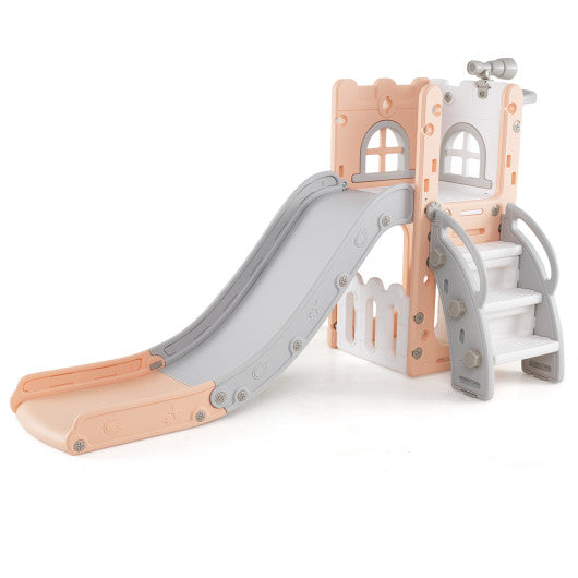 6-in-1 Toddle Slide L-shaped Playground with Basketball Hoop and Ladder-Pink