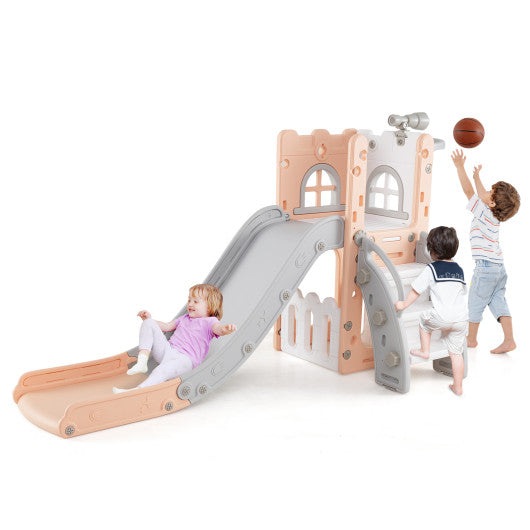 6-in-1 Toddle Slide L-shaped Playground with Basketball Hoop and Ladder-Pink