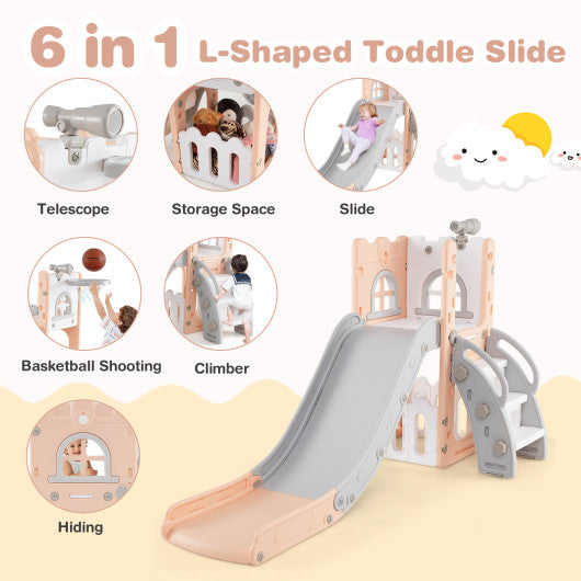 6-in-1 Toddle Slide L-shaped Playground with Basketball Hoop and Ladder-Pink