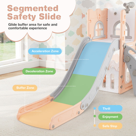 6-in-1 Toddle Slide L-shaped Playground with Basketball Hoop and Ladder-Pink