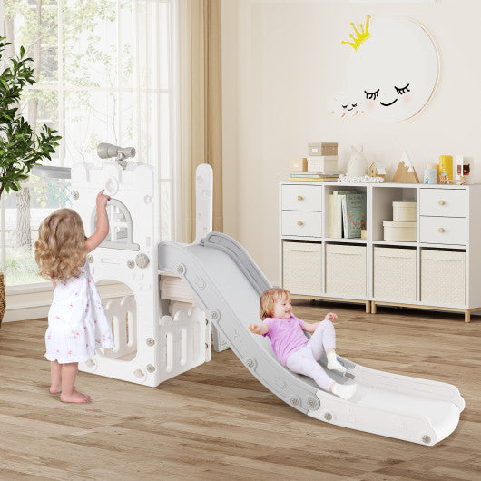 6-in-1 Toddle Slide L-shaped Playground with Basketball Hoop and Ladder-Gray