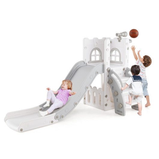 6-in-1 Toddle Slide L-shaped Playground with Basketball Hoop and Ladder-Gray