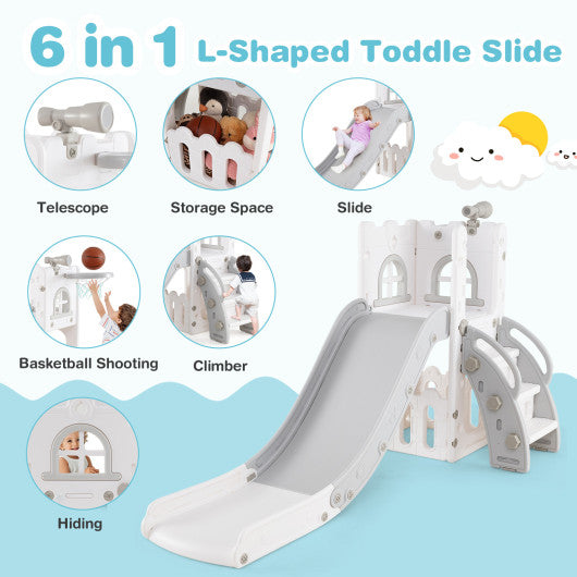 6-in-1 Toddle Slide L-shaped Playground with Basketball Hoop and Ladder-Gray