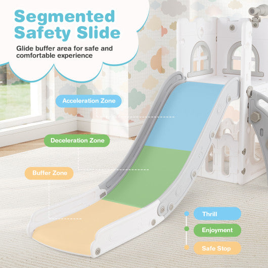 6-in-1 Toddle Slide L-shaped Playground with Basketball Hoop and Ladder-Gray