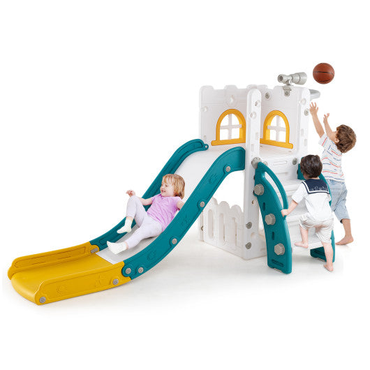 6-in-1 Toddle Slide L-shaped Playground with Basketball Hoop and Ladder-Yellow