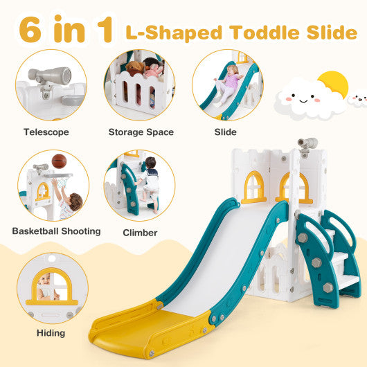 6-in-1 Toddle Slide L-shaped Playground with Basketball Hoop and Ladder-Yellow