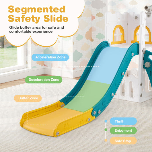 6-in-1 Toddle Slide L-shaped Playground with Basketball Hoop and Ladder-Yellow