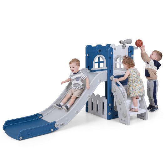 6-in-1 Toddler Slide L-shaped Playground with Basketball Hoop and Ladder-Blue