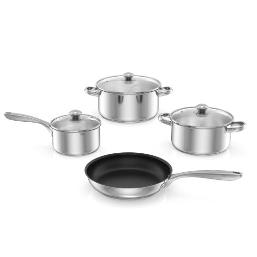 7-Piece Stainless Steel Cookware Set with Tempered Glass Lid-Silver