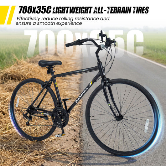700C Hybrid Bike for Adult with 18-Speed Shimano Drivetrain and Phone Holder-Black