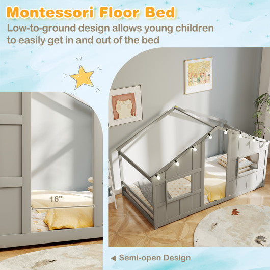 Twin Size House Bed with LED Lights Montessori Slat-free Floor Bed-Grey