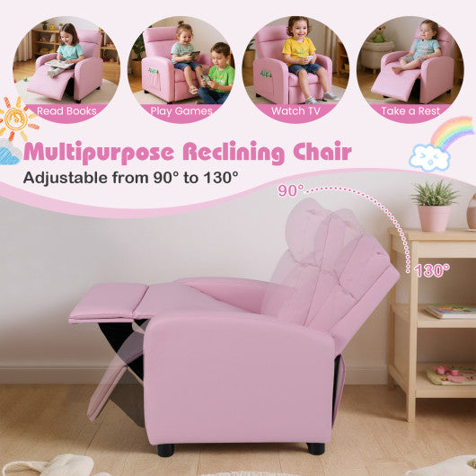 Ergonomic PU Leather Kids Recliner Lounge Sofa for 3-12 Age Group-Pink
