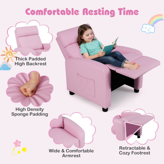 Ergonomic PU Leather Kids Recliner Lounge Sofa for 3-12 Age Group-Pink