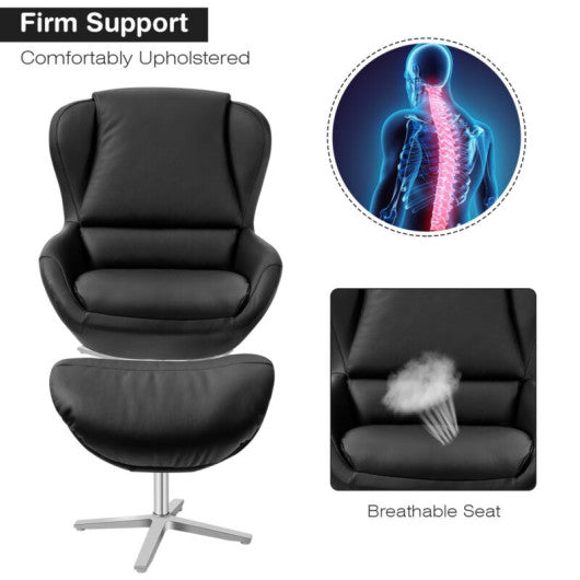 360¡ã Swivel Leather Lounge Chair with Ottoman and Aluminum Alloy Base-Black