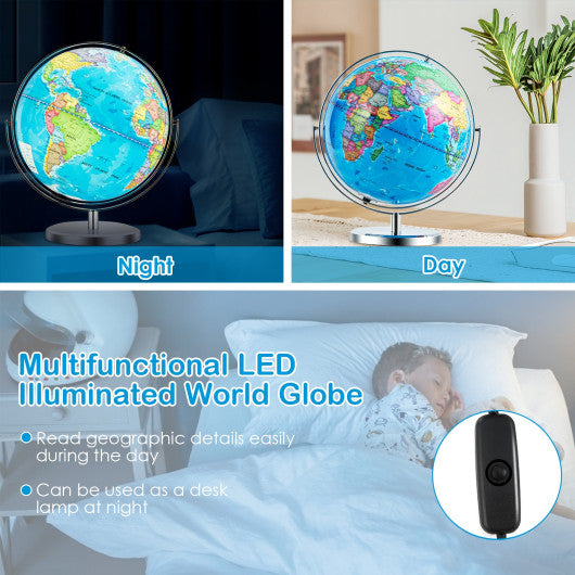 13 Inch Illuminated World Globe 720¡ã Rotating Map with LED Light