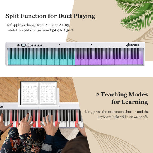 88-Key Folding Electric Lighted Piano Full-Size Portable Keyboard MIDI-White