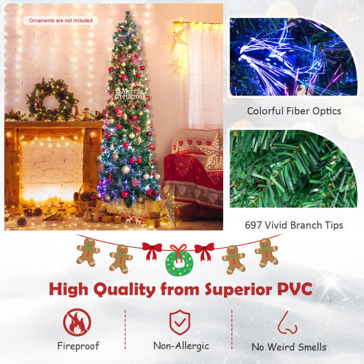 5/6/7/8 FT Pre-Lit Christmas Pencil Tree with Colorful Fiber Optics Green-7 ft