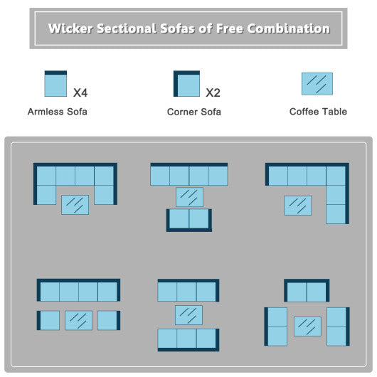 7 Pieces Sectional Wicker Furniture Sofa Set with Tempered Glass Top-Gray & Off White