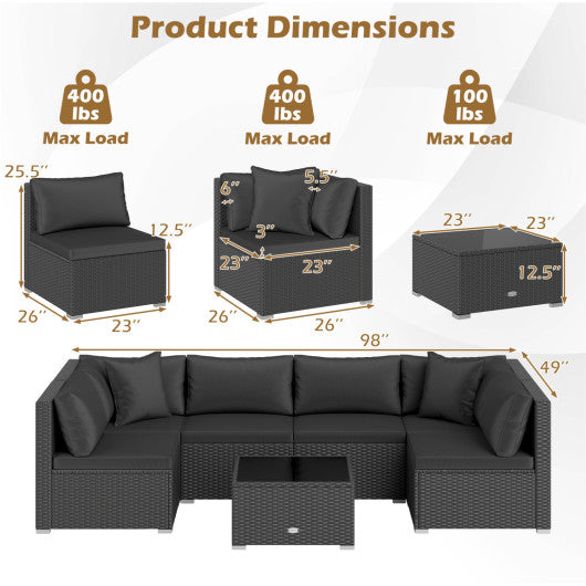 7 Pieces Outdoor Sectional Wicker Patio Furniture Sofa Set with Tempered Glass Top and Softy Cushions-Black