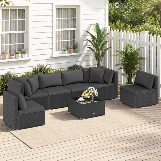 7 Pieces Outdoor Sectional Wicker Patio Furniture Sofa Set with Tempered Glass Top and Softy Cushions-Black