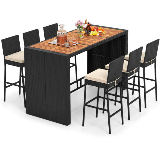 7 Pieces Patio Rattan Bar Set with Seat Cushions for Porch Yard Garden