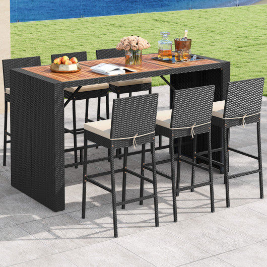 7 Pieces Patio Rattan Bar Set with Seat Cushions for Porch Yard Garden