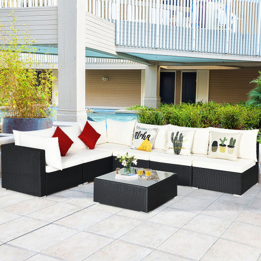 7 Pieces Sectional Wicker Furniture Sofa Set with Tempered Glass Top-Off White & Navy