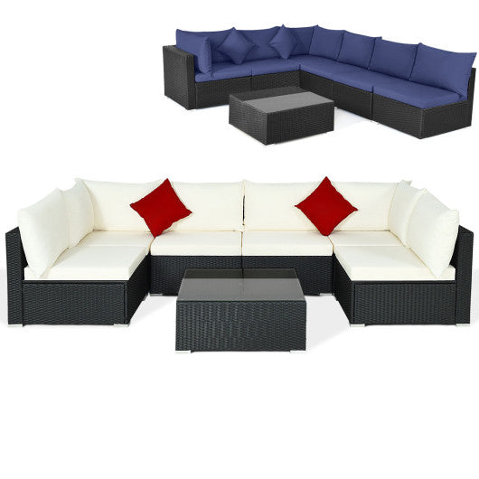 7 Pieces Sectional Wicker Furniture Sofa Set with Tempered Glass Top-Off White & Navy