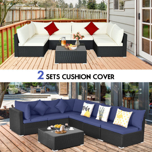 7 Pieces Sectional Wicker Furniture Sofa Set with Tempered Glass Top-Off White & Navy