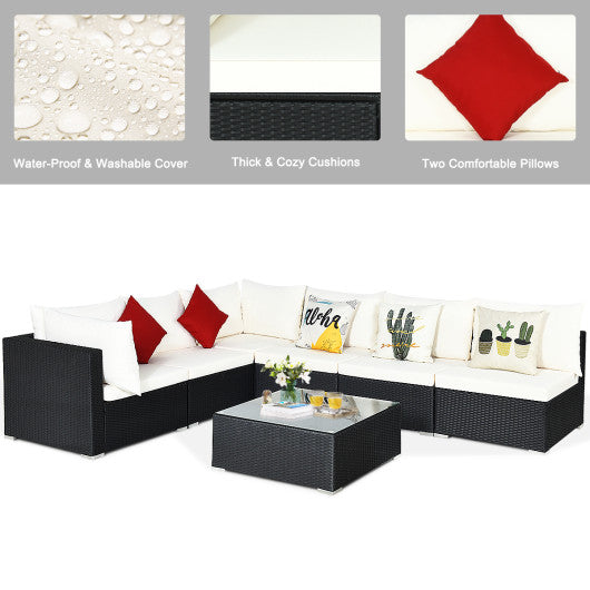 7 Pieces Sectional Wicker Furniture Sofa Set with Tempered Glass Top-Off White & Navy