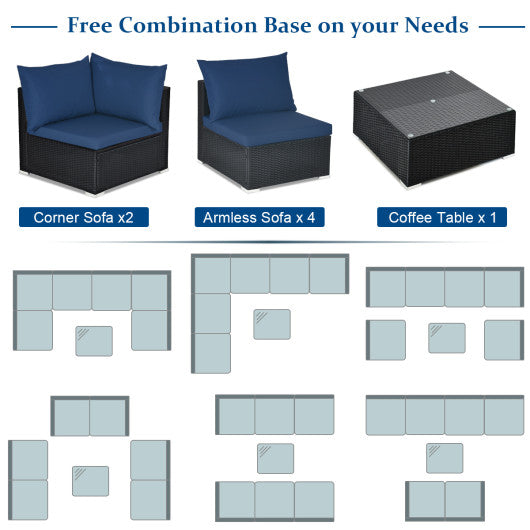 7 Pieces Sectional Wicker Furniture Sofa Set with Tempered Glass Top-Off White & Navy