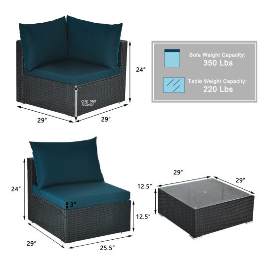 7 Pieces Sectional Wicker Furniture Sofa Set with Tempered Glass Top-Peacock Blue