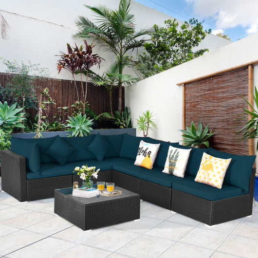 7 Pieces Sectional Wicker Furniture Sofa Set with Tempered Glass Top-Peacock Blue