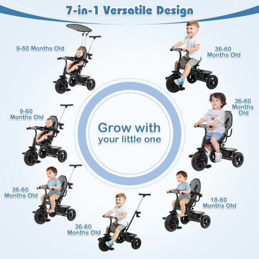 7-in-1 Baby Stroller Tricycle with Adjustable Canopy and Foldable Footrests for Ages 9-60 Months Old-Gray