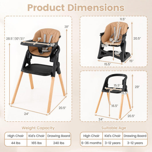 7-in-1 Convertible Foldable Baby High Chair with Adjustable Tray for Kids-Brown