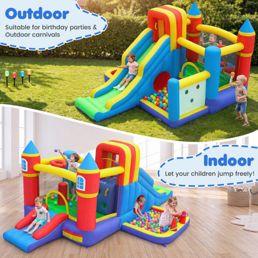 7-in-1 Inflatable Bounce House with Slide and Ball Pit and 680W Blower for Kids
